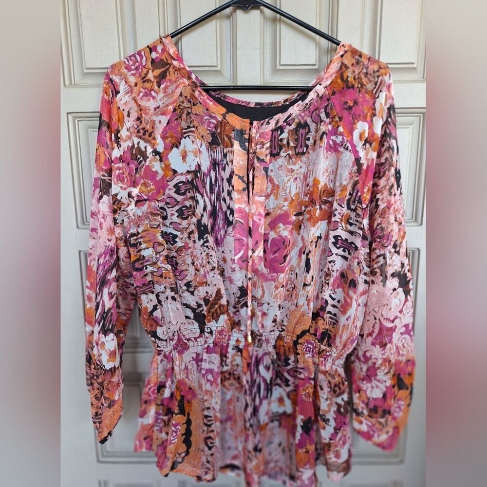 Vintage Ivanka Trump Blouse SzL Peplum Pink/Orange Boho Drawstring Pretty